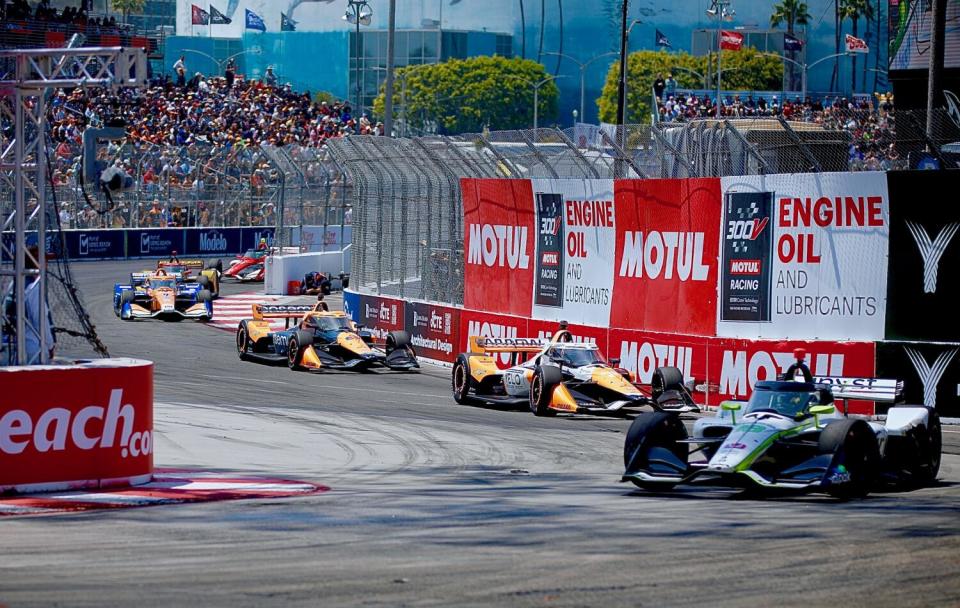 Drivers make their way toward the famous hairpin corner at the end of the lap.