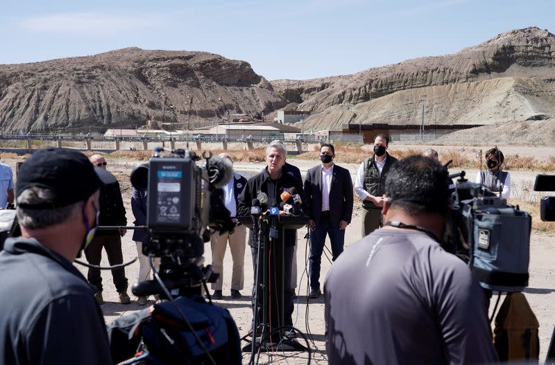 House Minority Leader Kevin McCarthy speaks to press during a tour for a delegation of Republican lawmakers of the US-Mexico border, in El Paso