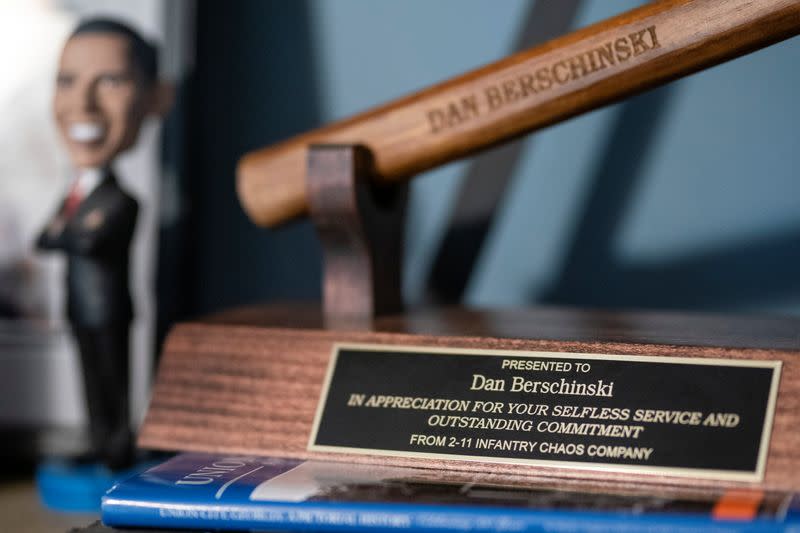 An award given to Retired Army Captain Dan Berschinski is seen on a shelf at his home in Atlanta, Georgia