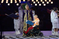 LONDON, ENGLAND - AUGUST 29: Sir Ian McKellen performs with Miranda during the Opening Ceremony of the London 2012 Paralympics at the Olympic Stadium on August 29, 2012 in London, England. (Photo by Gareth Copley/Getty Images)