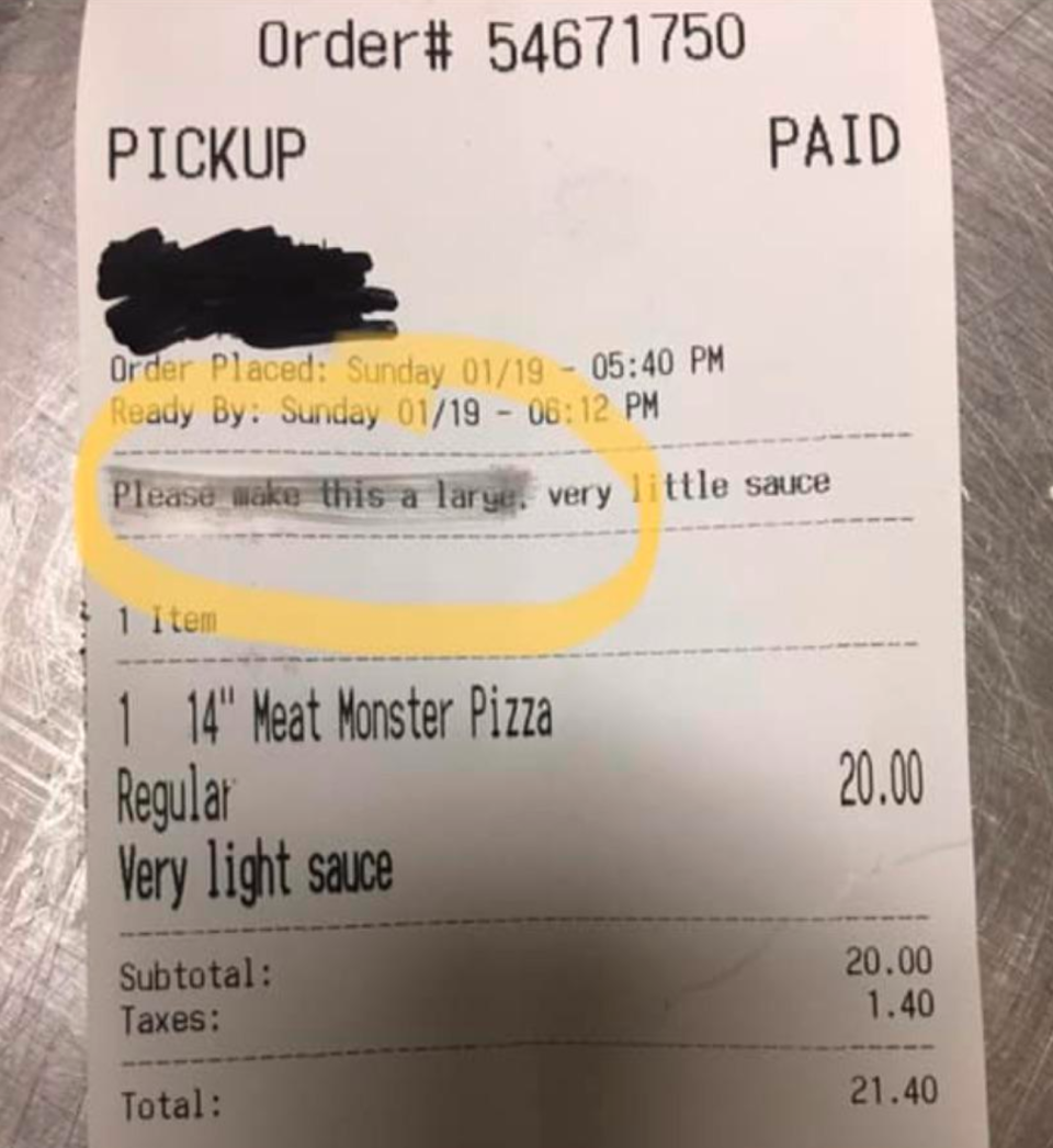 Someone ordered a small pizza and asked for the restaurant to make it a large in the notes