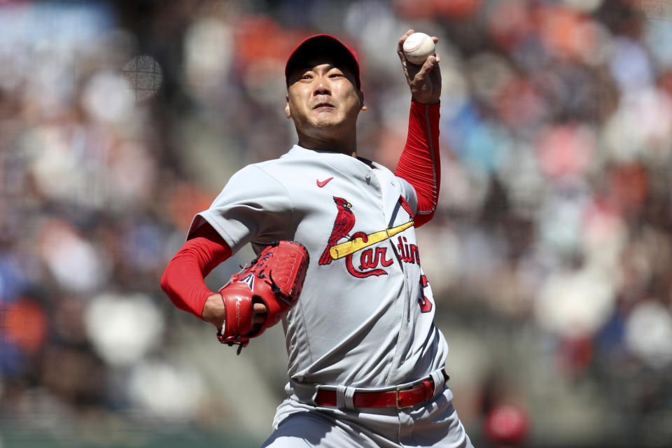 St. Louis Cardinals' Kwang Hyun Kim throws against the San Francisco Giants during the first inning of a baseball game in San Francisco, Monday, July 5, 2021. (AP Photo/Jed Jacobsohn)