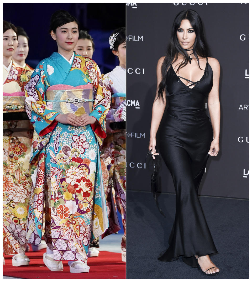 This combination photo shows a woman wearing a kimono during an award ceremony of the ISU World Team Trophy Figure Skating competition in Fukuoka, Japan on April 13, 2019, left, and reality star Kim Kardashian West at the 2018 LACMA Art+Film Gala in Los Angeles on Nov. 3, 2018. West has earned some backlash from Japanese people and others on social media who object to her appropriation of the traditional Japanese kimono as part of the name of her upcoming shapewear line. West announced her Kimono Solutionwear on Instagram, Tuesday, June 25, 2019. Some people on social media said the name, which West trademarked, is an inappropriate take centuries-old kimono clothing.  (AP Photo/Toru Hanai, left, and Richard Shotwell/Invision/AP)