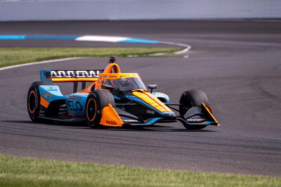 Arrow McLaren SP driver Alexander Rossi (7) round a turn Saturday, May 13, 2023, during the GMR Grand Prix at Indianapolis Motor Speedway. 