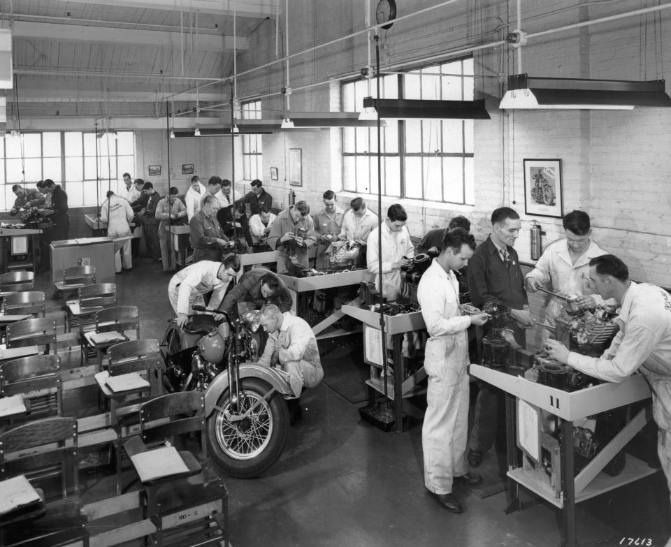 A 1948 Press photo shows young men being trained to repair Harley-Davidson products. The school operated in a building at North 36th and West Vilet streets just a couple blocks from the West Juneau Avenue factory.