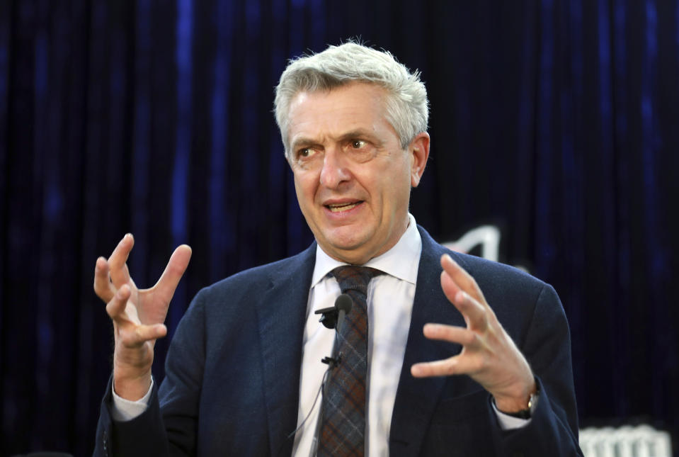 U.N. High Commissioner for Refugees Filippo Grandi speaks during a news conference in Kabul, Afghanistan, Tuesday, Nov. 17, 2020. (AP Photo/Rahmat Gul)