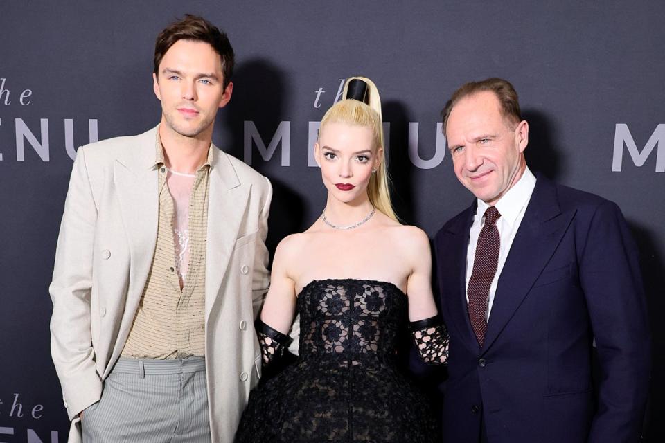 Nicholas Hoult, Anya Taylor-Joy, and Ralph Fiennes at the New York premiere of The Menu (Getty Images)