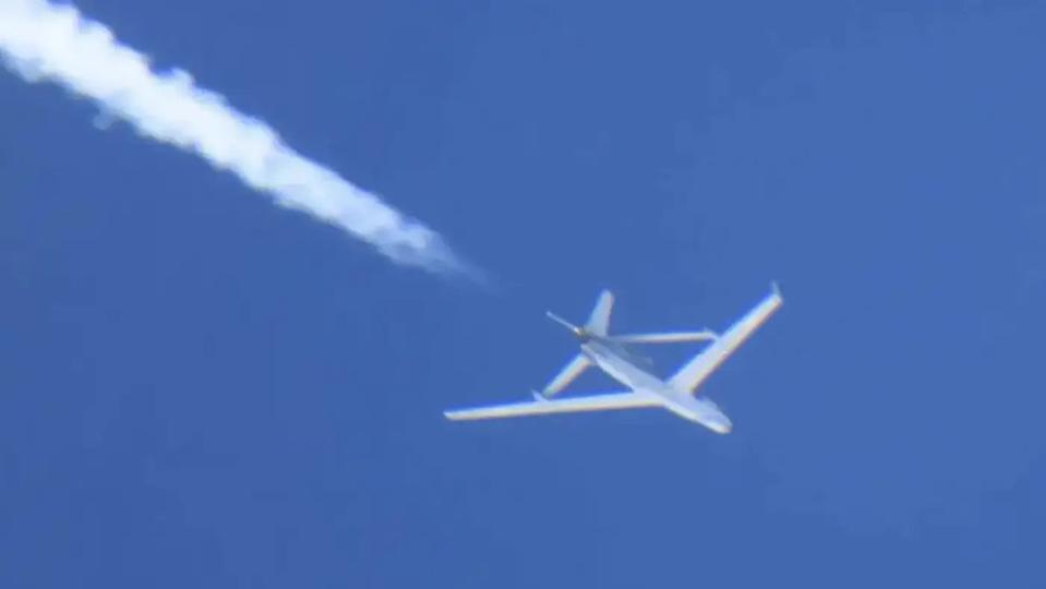 A picture of a Chinese WZ-7 surveillance drone taken from the cockpit of a Japan Air Self-Defense Force aircraft during an intercept last year. Japanese Ministry of Defense