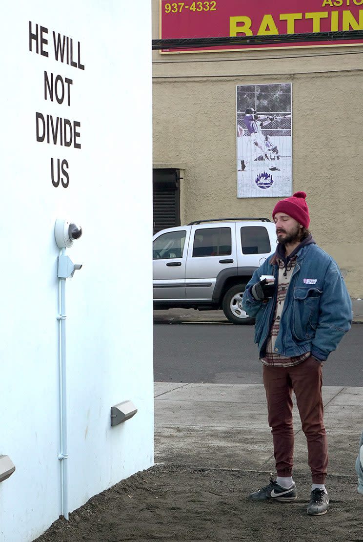 Shia LaBeouf is continuing to protest Donald Trump with his art project. (Photo: Splash News)