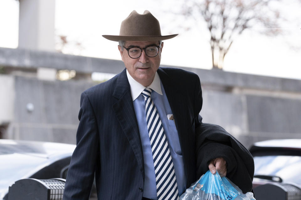 FILE - Edward Tarpley the attorney of Oath Keepers leader Stewart Rhodes, arrives at the Federal Courthouse during the Rhodes trial in Washington, Monday, Nov. 7, 2022. Jury deliberations are expected to begin soon. (AP Photo/Jose Luis Magana, File)