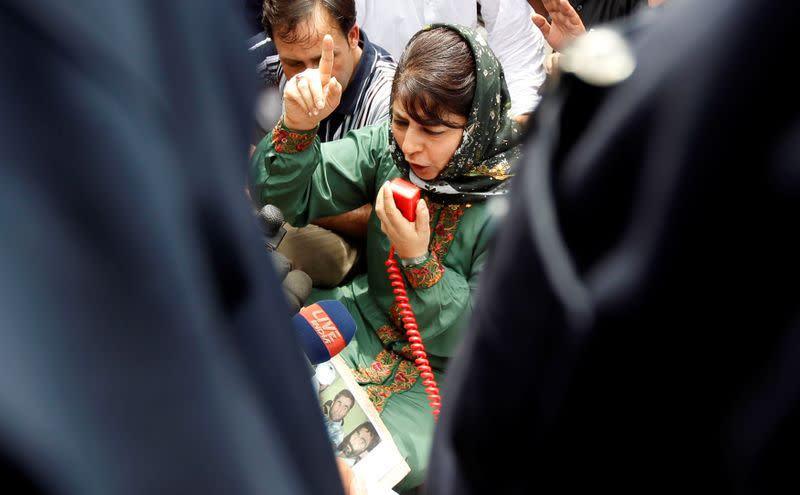 FILE PHOTO: Mufti president of PDP speaks with media during a protest rally in Srinagar