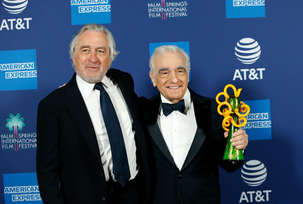Director Martin Scorsese poses with actor Robert De Niro backstage after receiving the Sonny Bono Visionary Award for The Irishman, at the 2020 Palm Springs International Film Festival Awards Gala in Palm Springs, California, U.S., January 2, 2020. REUTERS/Mario Anzuoni