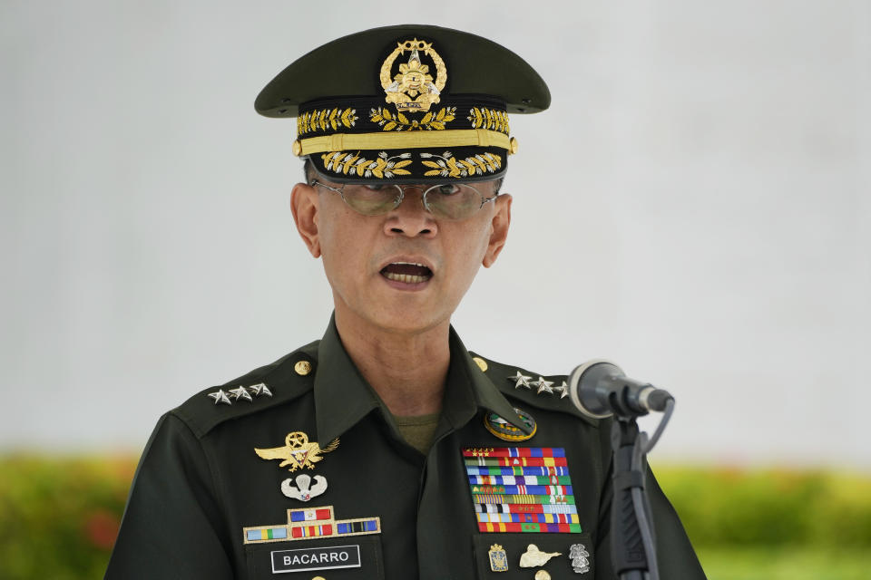 FILE - Philippine military chief Lt. Gen. Bartolome Vicente Bacarro speaks during a ceremony to mark U.S. Veterans Day at the Manila American Cemetery and Memorial in Manila, Philippines, Friday, Nov. 11, 2022. Philippine President Ferdinand Marcos Jr. on Saturday, Jan. 7, 2023, cut short the term of Bacarro who he appointed five months ago and replaced him with a retiring general without explaining the surprise move. (AP Photo/Aaron Favila, File)