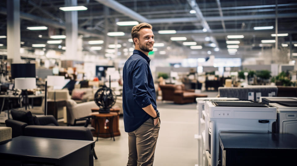 A customer staring with delight at the variety of furniture, appliances, and other items in the store.