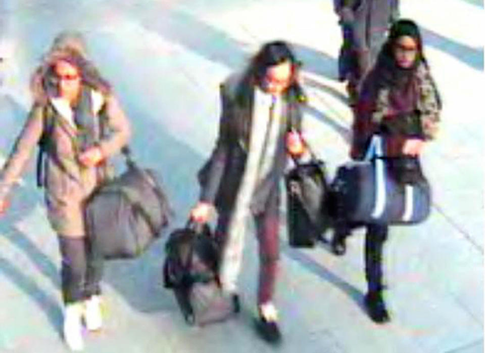 Shamima Begum, right, fled the UK for Syria with fellow teenagers Amira Abase, left, and Kadiza Sultana, centre (Picture: PA)