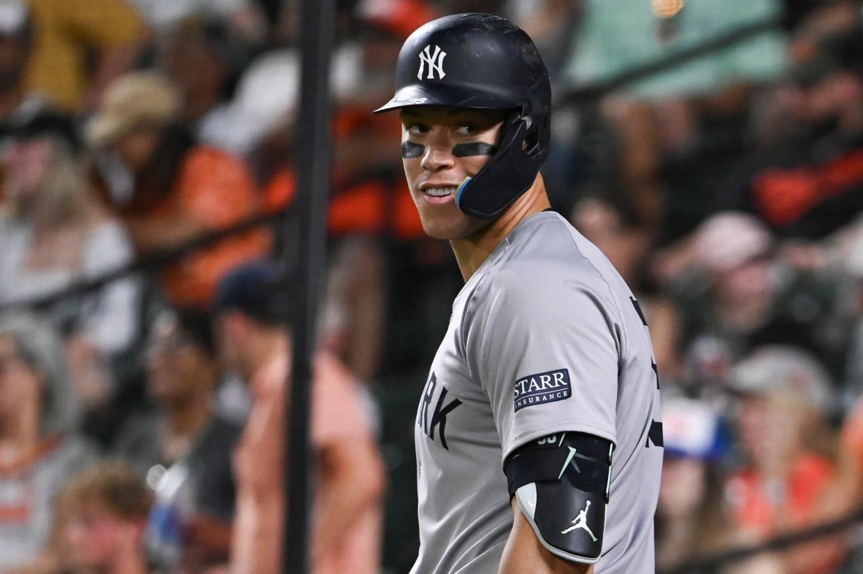 Apr 29, 2024; Baltimore, Maryland, USA; New York Yankees outfielder Aaron Judge (99) looks to the dugout before a seventh inning at-bat against the Baltimore Orioles at Oriole Park at Camden Yards. Mandatory Credit: Tommy Gilligan-USA TODAY Sports
