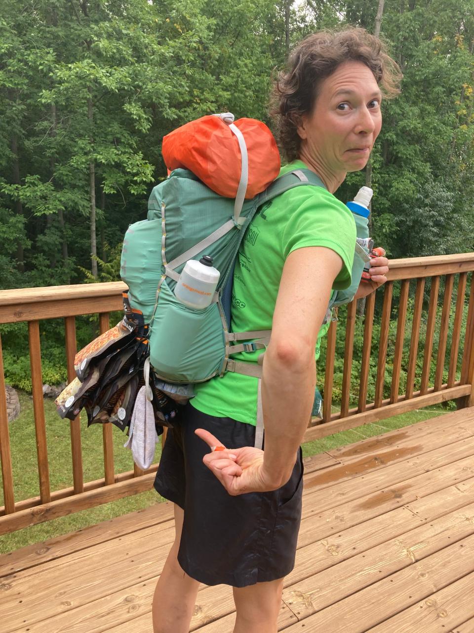 Before she set out on her attempt to set the fastest known time on Minnesota's Superior Hiking Trail, Andrea Larson displays the gear that she started out with. Note the food packets zip-tied to the outside of the pack.