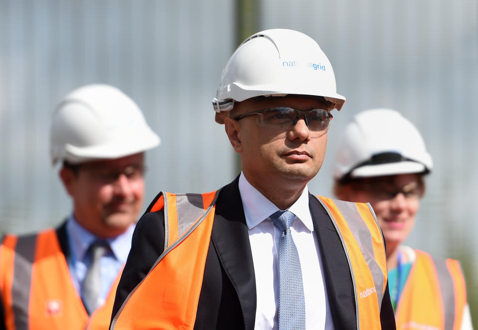 Chancellor Sajid Javid during a visit to the National Grid Training Centre near Newark, as the UK's economy shrank for the first time since 2012 in the second quarter of this year, as the manufacturing and construction sectors both slumped.