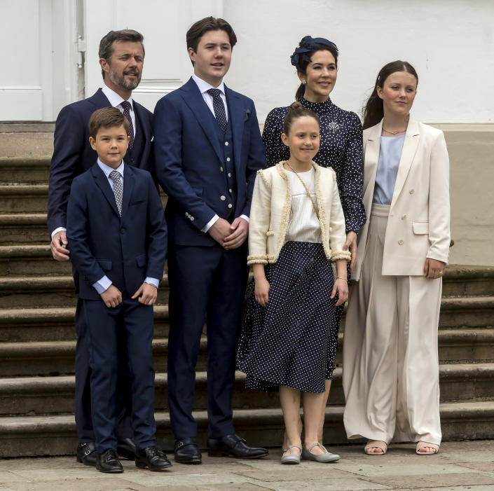 FREDENSBORG, DENMARK - MAY 15: Prince Christian of Denmark (C) seen with his mother and father, Crown Prince Frederik and Crown Princess Mary and siblings at Fredensborg Palace on the occasion of his confirmation on May 15, 2021 in Fredensborg, Denmark. The confirmation was postponed a year due to the COVID-19 situation and took place together with the closest family and without guest from abroad, including Crown Princess Marys Australian family. Prince Christian (15 years) is the oldest of the Crown Prince familys 4 children. (Photo by Ole Jensen/Getty Images)