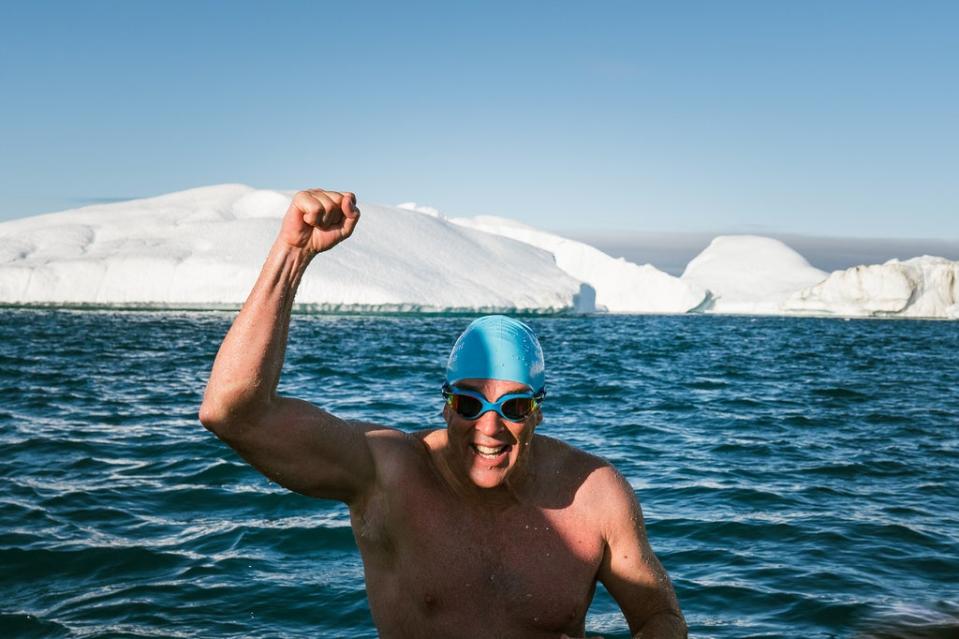 Pugh celebrates the completion of his remarkable climate swim (Olle Nordell)