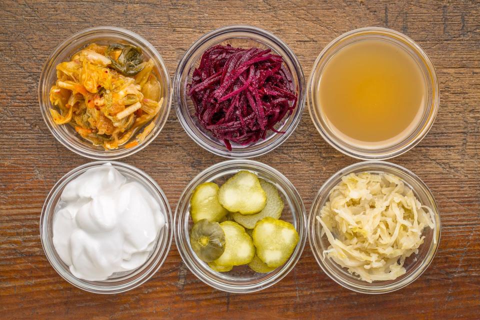 <span class="caption">Fermented foods like kimchi, red beets, apple cider vinegar, coconut milk yogurt, cucumber pickles and sauerkraut can help provide beneficial bacteria.</span> <span class="attribution"><a class="link " href="https://www.gettyimages.com/detail/photo/fermented-food-sampler-royalty-free-image/899304124?adppopup=true" rel="nofollow noopener" target="_blank" data-ylk="slk:marekuliasz/iStock/Getty Images Plus;elm:context_link;itc:0;sec:content-canvas">marekuliasz/iStock/Getty Images Plus</a></span>