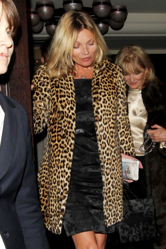 Kate Moss’s cheetah print coat on her 40th birthday, 2014