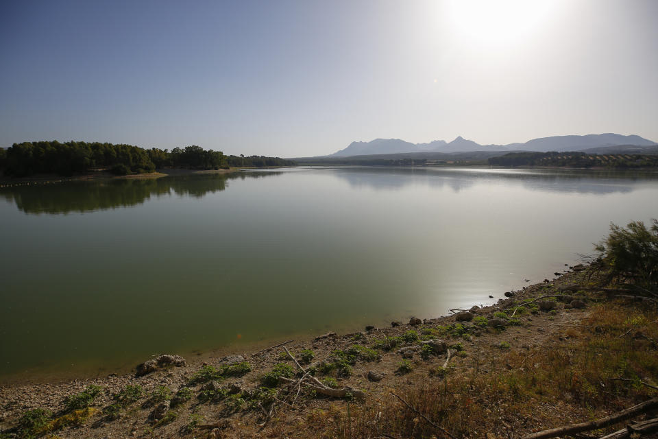 A view of the Cubillas reservoir in Granada, Spain on August 03, 2022 in Granada, Spain.
Water levels in Spain reservoirs continue to drop due to a lack of rain and severe heatwaves during the 2022 summer. (Photo by Álex Cámara/NurPhoto via Getty Images)