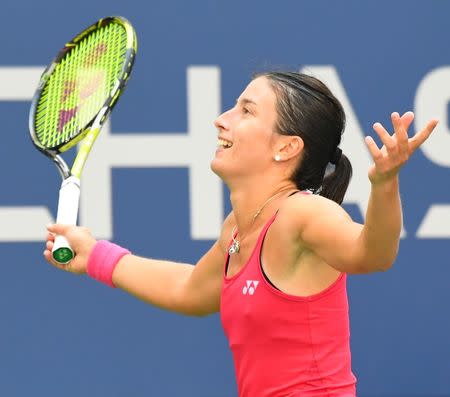 Sept 4, 2016; New York, NY, USA; Anastasija Sevastova of Latvia celebrates after defeating Johanna Konta of Britain (not pictured) on day seven of the 2016 U.S. Open tennis tournament at USTA Billie Jean King National Tennis Center. Mandatory Credit: Robert Deutsch-USA TODAY Sports