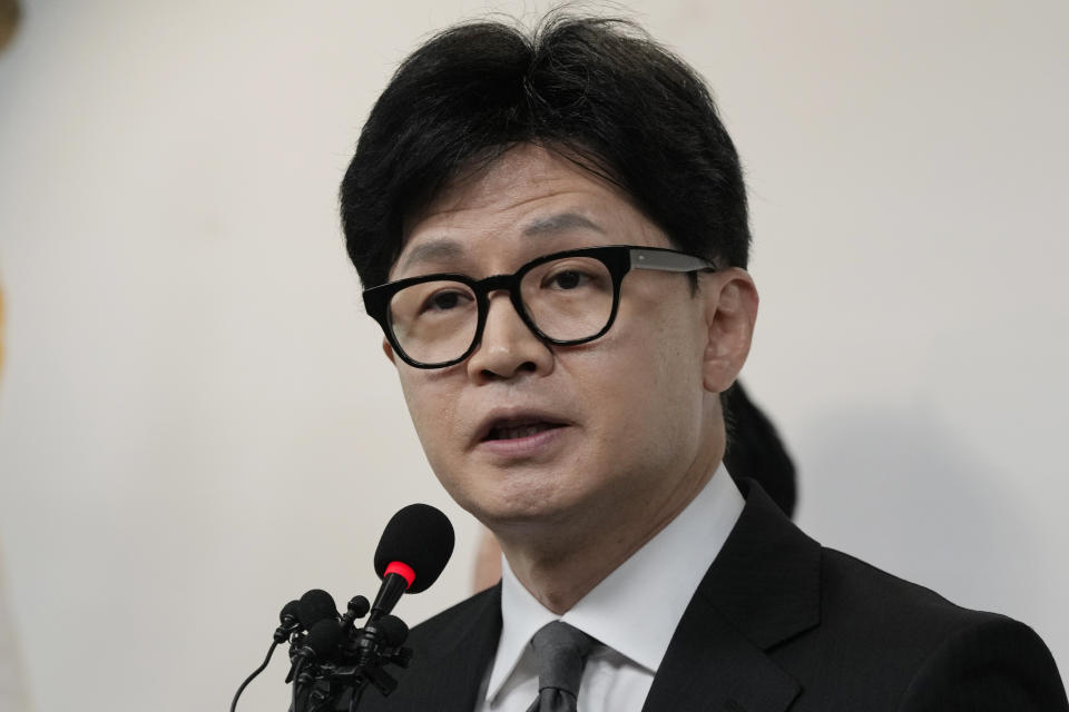 South Korea's ruling People Power Party's leader Han Dong-hoon speaks during his press conference at the party's headquarter in Seoul, South Korea, Thursday, April 11, 2024. (AP Photo/Ahn Young-joon)