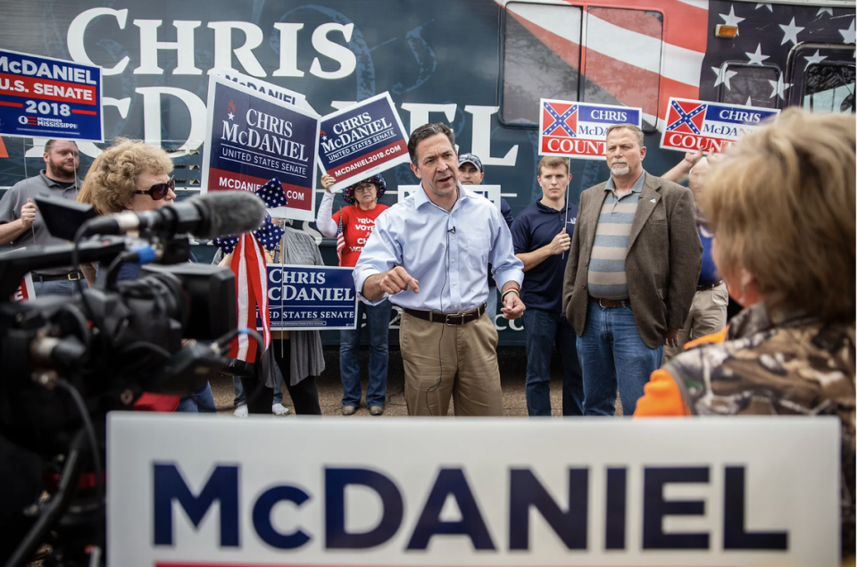 Chris McDaniel speaks to his supporters during a campaign stop on Lakeland Drive in Flowood on Monday, Nov. 5, 2018.