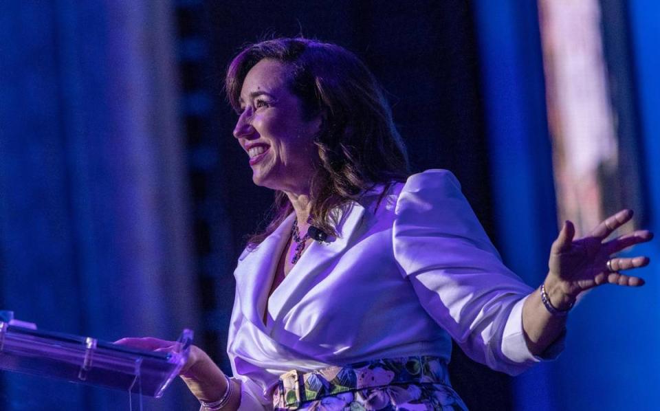 Miami, FL- November 20, 2022 - Christine Duffy, President of Carnival Cruise Line, speaks during a christening ceremony for Carnival’s newest ship, Carnival Celebration inside the ship’s three-deck-high atrium, Celebration Central.