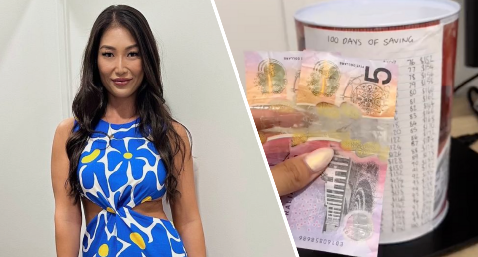Jenny Joo next to her holding two $5 notes and a money tin 