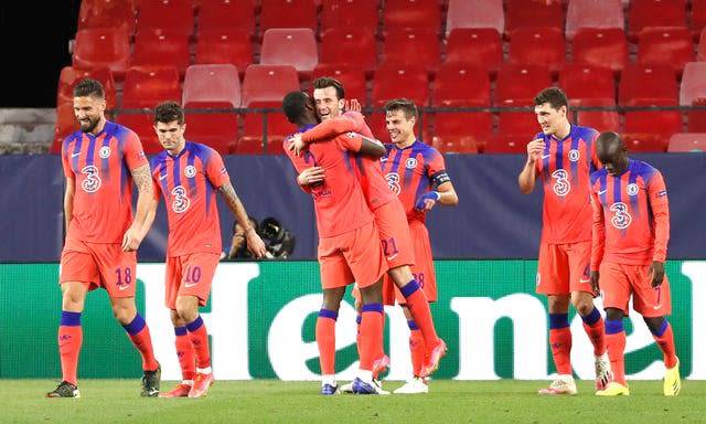 Ben Chilwell, centre, celebrates with team-mates