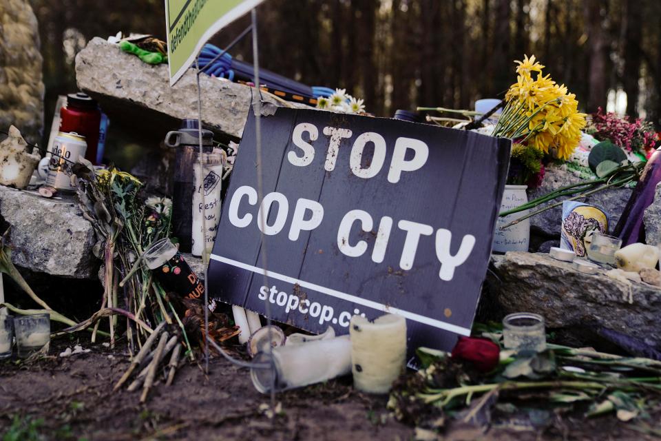 A makeshift memorial for environmental activist  who was killed by law enforcement on Jan. 18 during a raid to clear the construction site of a police training facility that activists have nicknamed "Cop City" near Atlanta, Georgia.