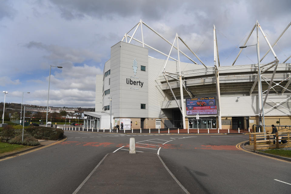 SWANSEA, WALES - MARCH 20: A general view of the exterior of the  Liberty Stadium, home of Swansea City Football club and The Osprey's Rugby Club on March 20, 2020 in Swansea, Wales. (Photo by Stu Forster/Getty Images)