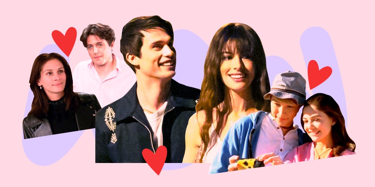 Photo collage featuring the stars of 'The Idea of You': Anne Hathaway as Solène, Nicholas Galitzine as Hayes Campbell, Hugh Grant as William from 'Notting Hill,' Julia Roberts as Anna, Sterling Knight as Christopher from 'Starstruck,' and Danielle Campbell as Jessica