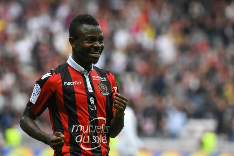 Nice's Jean Michael Seri celebrates after scoring a goal against AS Nancy Lorraine at the Allianz Riviera Stadium, in Nice, on April 15, 2017