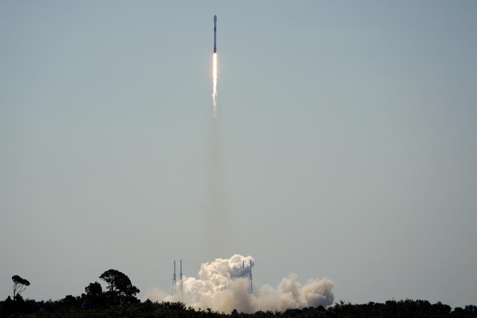 A SpaceX Falcon 9 rocket, with the European Space Agency Euclid space telescope, lifts off from pad 40 at the Cape Canaveral Space Force Station in Cape Canaveral, Fla., Saturday, July 1, 2023. The Euclid mission is designed to explore the evolution of the dark universe. (AP Photo/John Raoux)