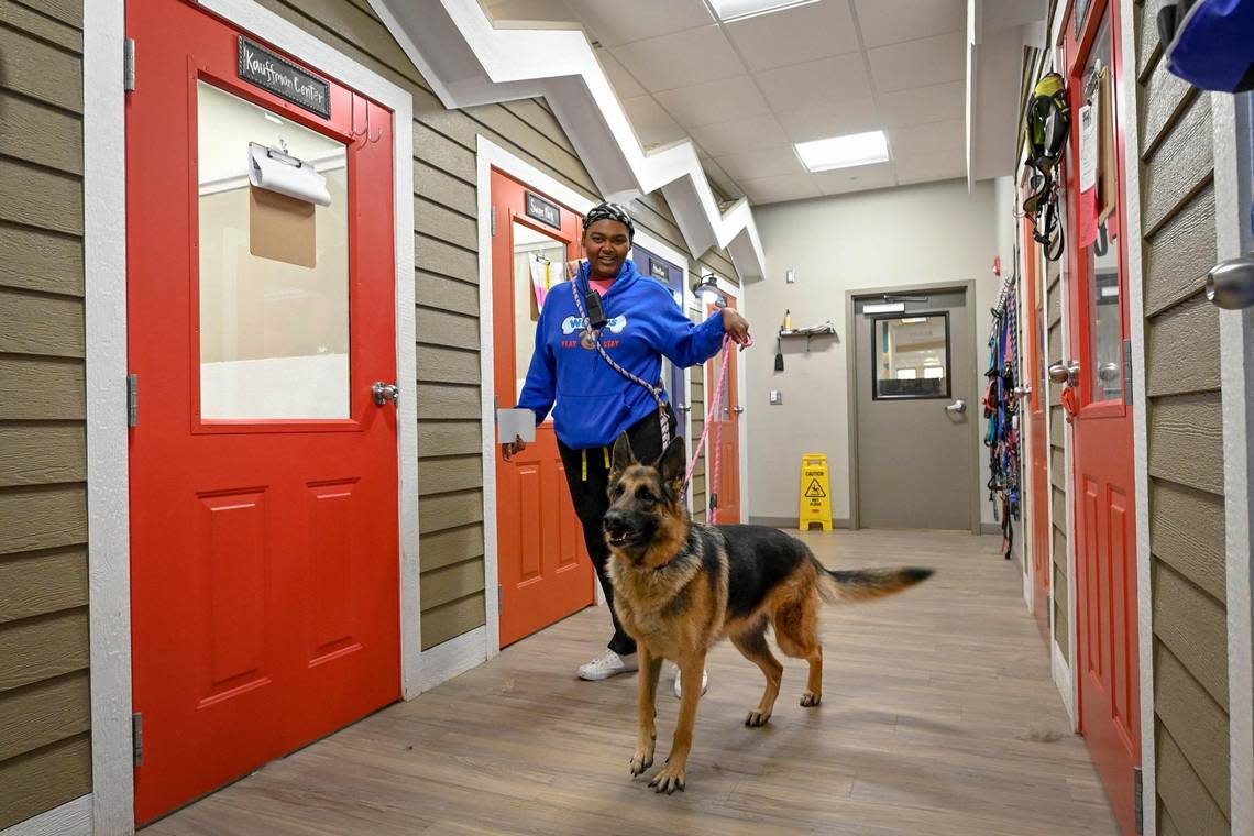 Kylynn Porter walks Lady past the luxury suites at Woof’s Play and Stay, 10750 El Monte St., in Overland Park. Dogs can stay in a private suite for for overnight boarding.