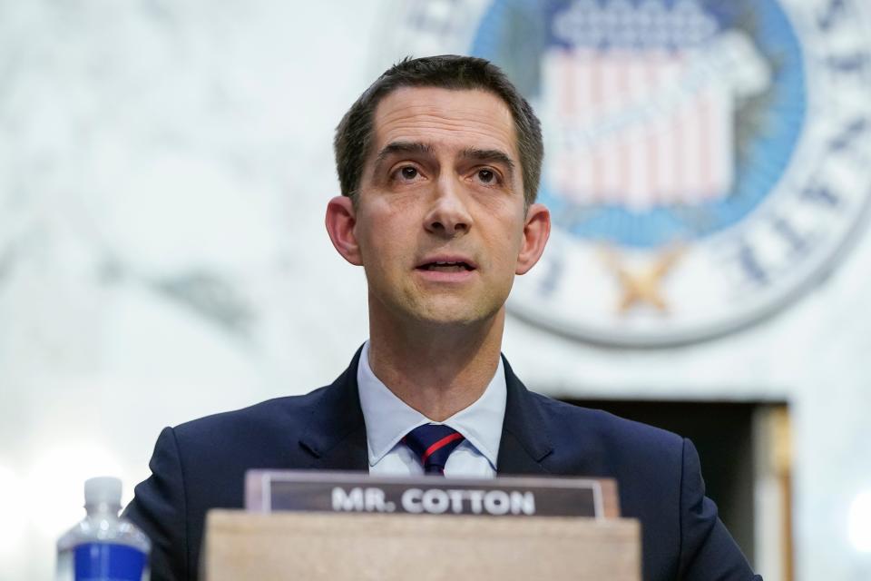 Sen. Tom Cotton, R-Ark., questions Supreme Court nominee Ketanji Brown Jackson during her Senate Judiciary Committee confirmation hearing on Capitol Hill in Washington, Tuesday, March 22, 2022.