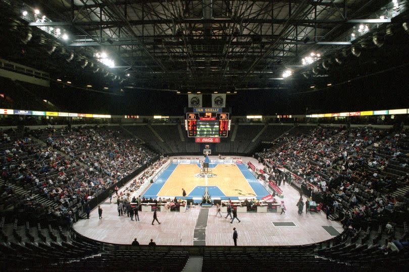 Nynex Arena playing host to a basketball game between the Manchester Giants and Newcastle Eagles in 1996