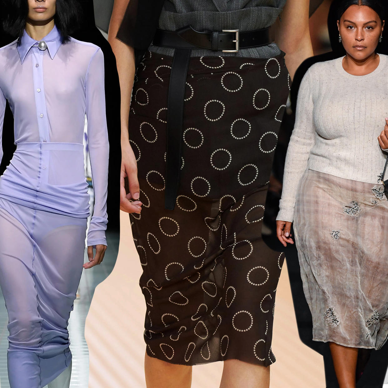  Graphic of the sheer skirt trend on spring summer 2024 runways. 