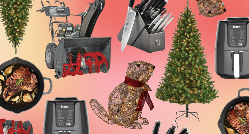 collage on red and yellow gradient background of christmas tree, beaver, air fryer, knives, snow blower and canadian tire products