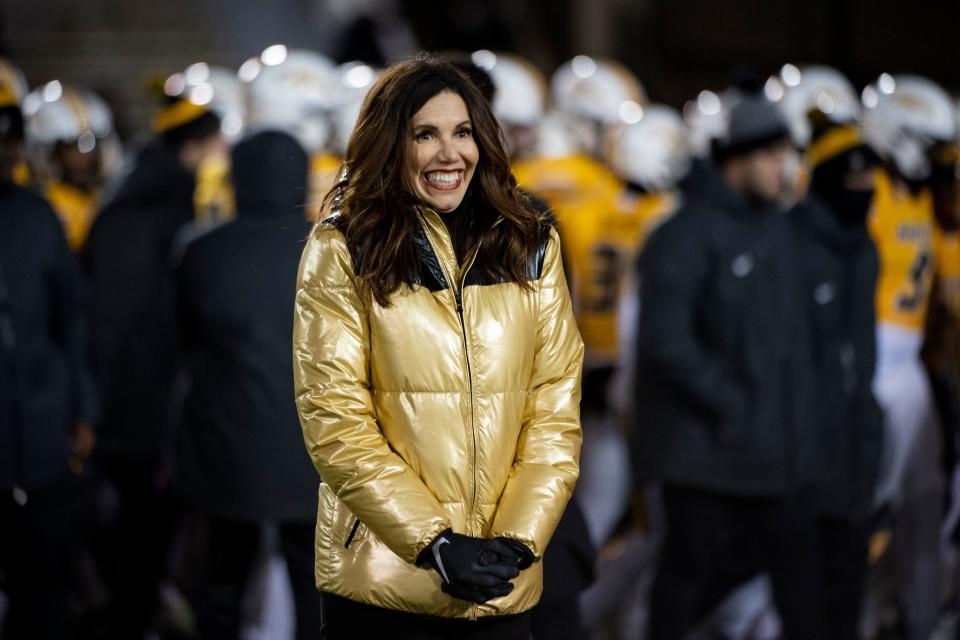 Former Missouri athletic director Desiree Reed-Francois stands on the field before the start of an NCAA college football game against New Mexico State on Saturday, Nov. 19, 2022, in Columbia, Mo.
