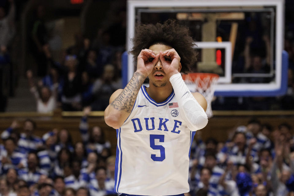 Duke's Tyrese Proctor (5) reacts to a play during the second half of an NCAA college basketball game against Georgia Tech in Durham, N.C., Saturday, Jan. 13, 2024. (AP Photo/Ben McKeown)