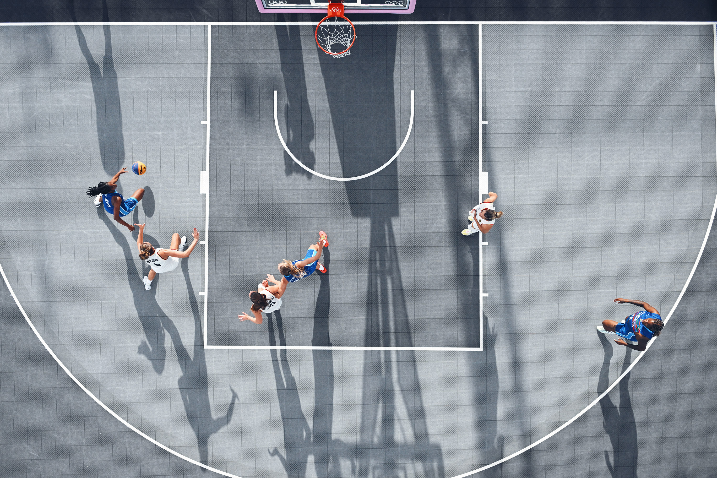 An overview shows the women's pool round 3x3 basketball game between Germany and Azerbaijan during the Paris 2024 Olympic Games at La Concorde in Paris on August 1, 2024.  (Photo by FRANCOIS-XAVIER MARIT/AFP via Getty Images)
