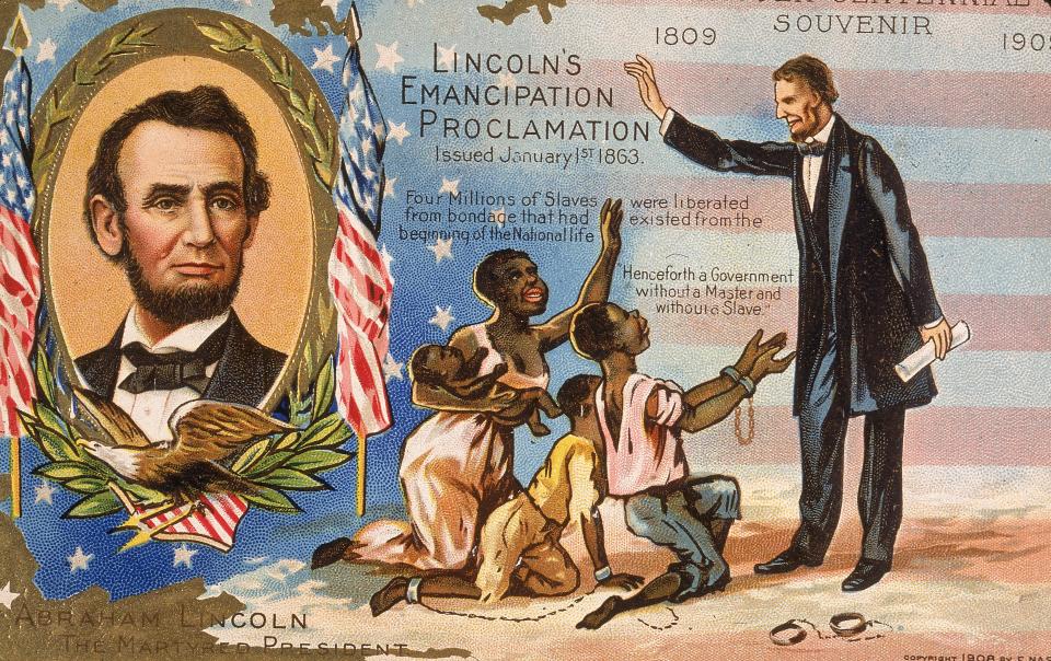 Postcard honoring president Abraham Lincoln (1809 - 1865) for his Emancipation Proclamation freeing enslaved people, 1863.