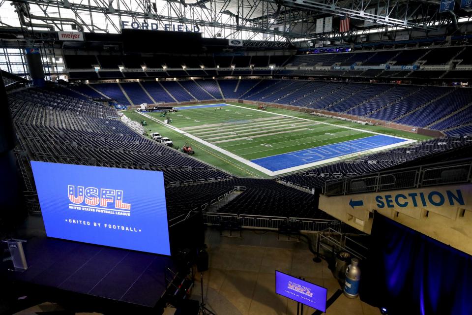 The USFL Michigan Panthers will play on the field in the background at Ford Field after the news conference announcing the move on Thursday, Jan. 26, 2023.