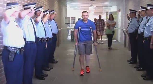 Senior Constable Warburton was given a hero's salute by colleagues today. Photo: 7 News