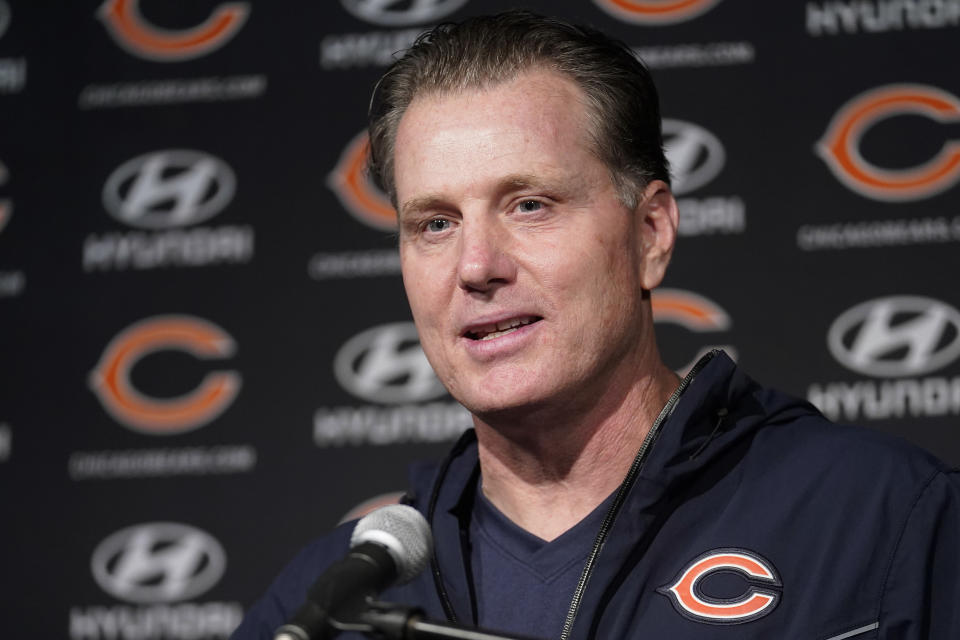 Chicago Bears head coach Matt Eberflus talks with reporters following an NFL football game, Tuesday, Oct. 25, 2022, in Foxborough, Mass. The Bears defeated the Patriots 33-14. (AP Photo/Steven Senne)